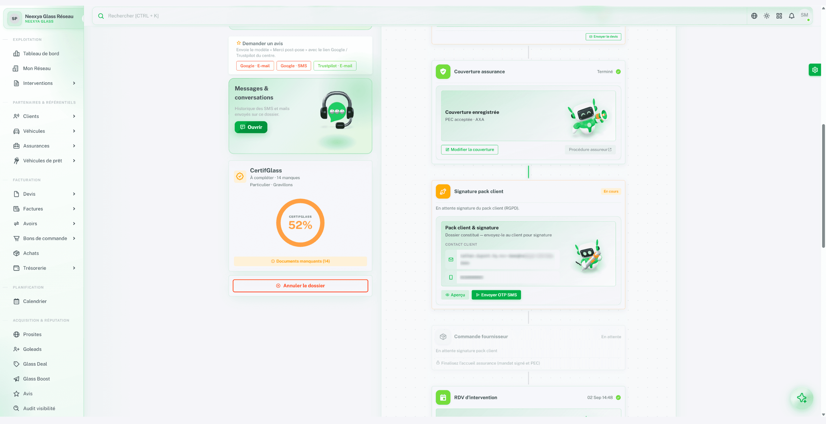 Écran de gestion des documents et signatures dans Neexya Glass