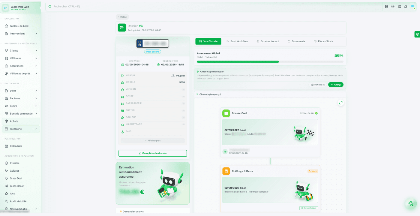 Écran du workflow de dossier vitrage dans Neexya Glass
